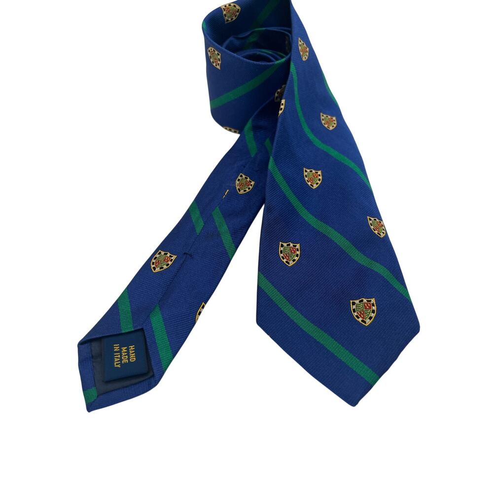 Polo Ralph Lauren Italian Silk Royal Blue Green Repp Stripe Crest Tie 60"